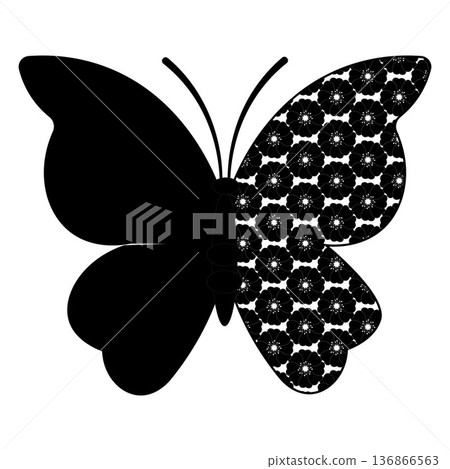 Butterfly silhouette illustration featuring decorative daisy floral pattern wings in a clean black and white style. Ideal for spring nature themes, decorative designs, branding elements, backgrounds, Butterfly silhouette illustration featuring decorative daisy floral pattern wings in a clean black and white style. Ideal for spring nature themes, decorative designs, branding elements, backgrounds, 136866563