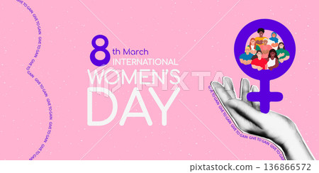 International Women's day horizontal poster template. Cut out halftone hand holding Venus symbol with diverse happy women. Give to Gain IWD 2026 concept. Modern retro vector illustration International Women's day horizontal poster template. Cut out halftone hand holding Venus symbol with diverse happy women. Give to Gain IWD 2026 concept. Modern retro vector illustration 136866572