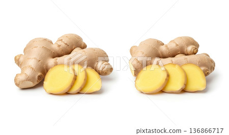Fresh ginger root with sliced pieces displayed on a white background, showcasing its texture and natural color variations 136866717