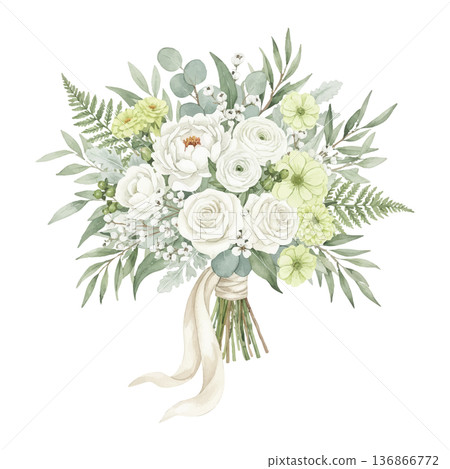水彩白綠花束花束素材新娘裝飾插畫 白綠水彩 136866772