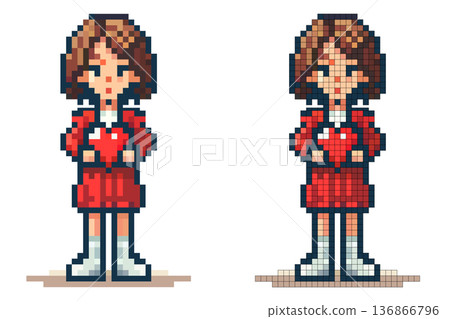 A girl stands with a heart in her hands, wearing a red outfit and white boots 136866796