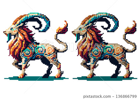 Pixel art image of a fairytale goat with swirl patterns on a white background Pixel art image of a fairytale goat with swirl patterns on a white background 136866799