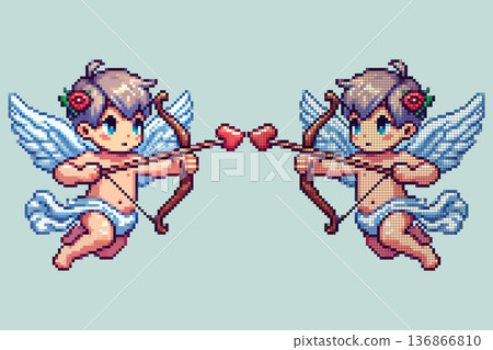 Cute pixel cupid flying with a bow and arrow during a festive event on a light background Cute pixel cupid flying with a bow and arrow during a festive event on a light background 136866810