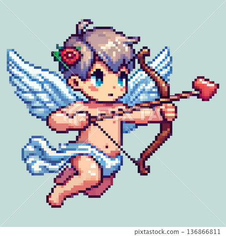 Cute pixel cupid flying with a bow and arrow during a festive event on a light background Cute pixel cupid flying with a bow and arrow during a festive event on a light background 136866811
