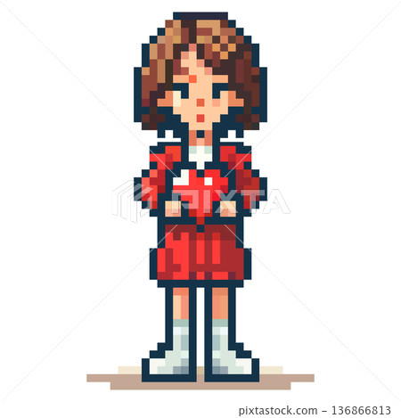 A girl stands with a heart in her hands, wearing a red outfit and white boots A girl stands with a heart in her hands, wearing a red outfit and white boots 136866813