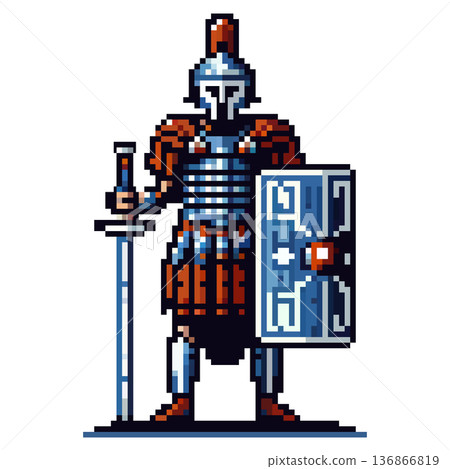 Pixel art of a Roman soldier standing with a sword and shield in a battle-ready pose Pixel art of a Roman soldier standing with a sword and shield in a battle-ready pose 136866819