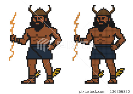 Zeus holding a lightning bolt in a pixel art style, depicted in a playful manner, inspired by classic video games and mythology themes 136866820