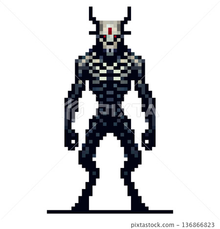 A demonic character in a dark pixel art style stands in a bold pose. A demonic character in a dark pixel art style stands in a bold pose. 136866823
