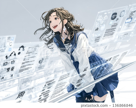 Female students learning with holographic teaching materials. Image illustration of futuristic digital education and AI learning. 136866846