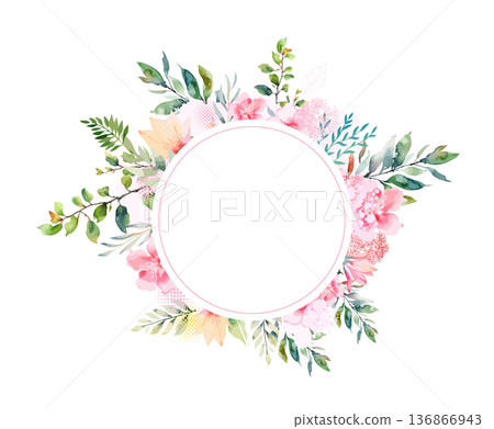 Beautiful round frame with watercolor flowers. Floral card. Hand drawn. Not AI, vector illustration Beautiful round frame with watercolor flowers. Floral card. Hand drawn. Not AI, vector illustration 136866943
