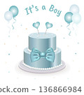 Baby shower party for a boy with cake, blue bow, balloon in pastel blue color. Baby shower party decoration, invitation, poster. 136866984