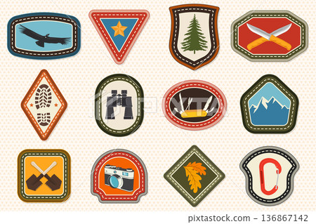 Set of Scout badge with mountain, binoculars, pine tree, climbing carabiner, Pocket knife. Vector. Merit patch, sticker for camping outdoor and academic activities Set of Scout badge with mountain, binoculars, pine tree, climbing carabiner, Pocket knife. Vector. Merit patch, sticker for camping outdoor and academic activities 136867142