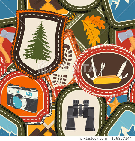 Set of Scout seamless pattern or background. Texture, wallpapers with mountain, binoculars, pine tree, pocket knife, pine tree, knives. Vector. Merit patch, sticker for camping outdoor and academic Set of Scout seamless pattern or background. Texture, wallpapers with mountain, binoculars, pine tree, pocket knife, pine tree, knives. Vector. Merit patch, sticker for camping outdoor and academic 136867144