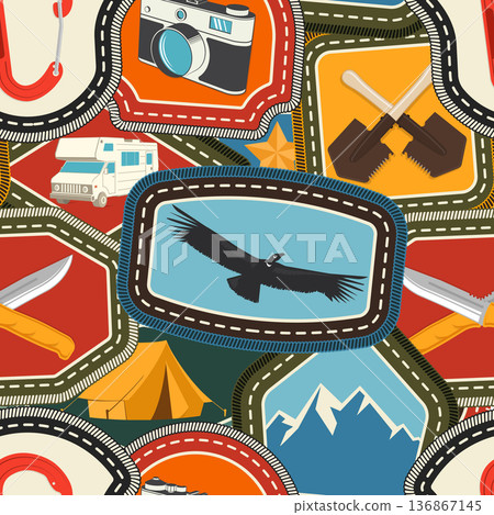 Set of Scout seamless pattern or background. Texture, wallpapers with climbing carabiner, photo camera, tent, rv, knives. Vector. Merit patch, sticker for camping outdoor and academic activities Set of Scout seamless pattern or background. Texture, wallpapers with climbing carabiner, photo camera, tent, rv, knives. Vector. Merit patch, sticker for camping outdoor and academic activities 136867145