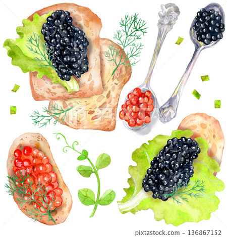 Sandwiches with caviar and greens 136867152