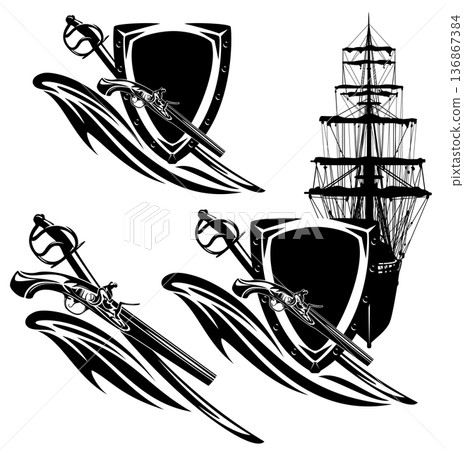 antique adventure on the sea emblem with sail ship, pistol gun and sabre sword by heraldic shield antique adventure on the sea emblem with sail ship, pistol gun and sabre sword by heraldic shield 136867384