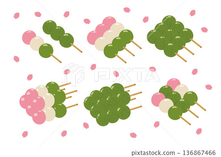 Three-colored dumplings, Kusadango, Japanese sweets, illustration, vector Three-colored dumplings, Kusadango, Japanese sweets, illustration, vector 136867466