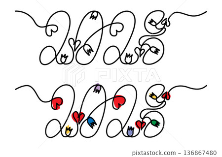 2028 Hand Drawn Lettering with decorative flowers and hearts One Continuous line and spots Options. Isolated Vector illustration New Year Greeting Thematic Cards Party Invite, leaflet, banner, labels 136867480