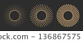 Trendy aesthetic bohemian sun set. Vintage celestial rays, gold sunburst, sparks, star light. Magic boho vector illustrations, frames. 136867575