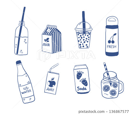 Various drinks set. A collection of water, milk, matcha lattes, juices, and other beverages in plastic cups plastic cups and bottles, paper mugs, Tetra Pak containers, and glasses..Minimal line style 136867577