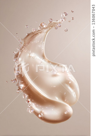 Creamy cosmetic liquid splashing, forming a smooth wave with sparkling drops, highlighting hydration and beauty care 136867843