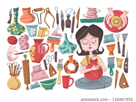 Pottery artisan workshop and handmade ceramics stickers set with pretty woman crafting clay jug Pottery artisan workshop and handmade ceramics stickers set with pretty woman crafting clay jug 136867950