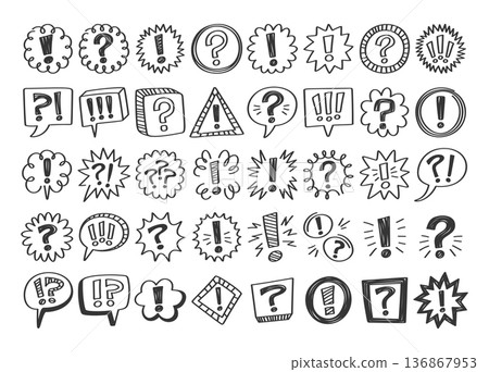 Set of hand drawn doodle exclamation and question marks inside speech bubble message icons Set of hand drawn doodle exclamation and question marks inside speech bubble message icons 136867953