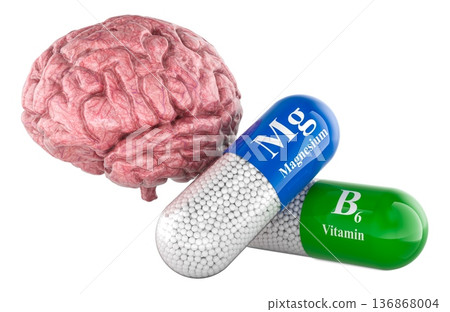 Brain with magnesium and vitamin B6 capsule supplement.Nervous system support concept, 3d rendering 136868004