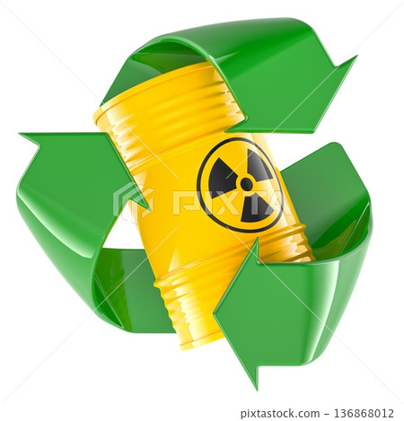 Nuclear waste barrel in recycling symbol. Nuclear waste recycling concept, 3d rendering 136868012