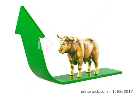 Stock market rise concept. Golden bull on green up arrow. 3D rendering 136868017