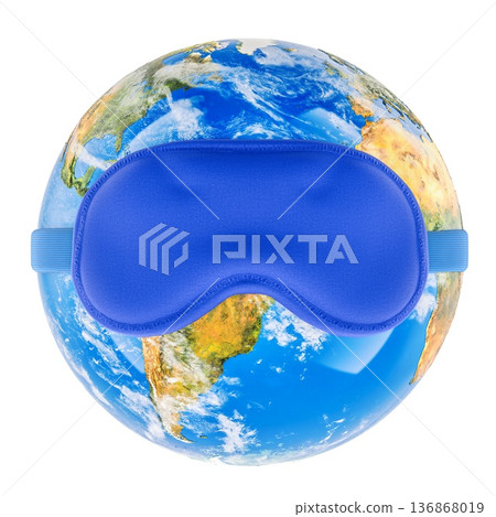 World sleep day, concept. Earth Globe with sleep mask. 3D rendering World sleep day, concept. Earth Globe with sleep mask. 3D rendering 136868019