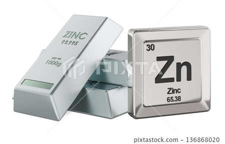 Zinc ingots with Zn chemical element, periodic table tile. 3D rendering 136868020