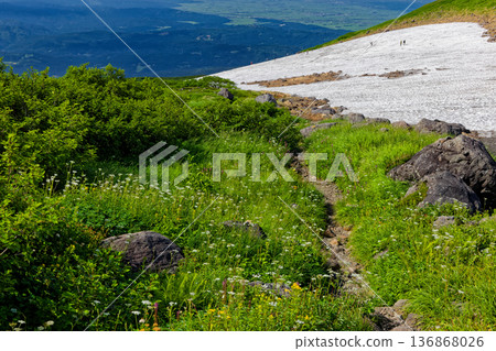 View of Mount Chokai, where alpine plants bloom, the Shinjiyuki snowfield, and the Shonai Plain View of Mount Chokai, where alpine plants bloom, the Shinjiyuki snowfield, and the Shonai Plain 136868026