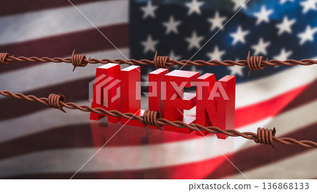 Alien Concept with Barbed Wire Over American Flag Background 3d render. 136868133