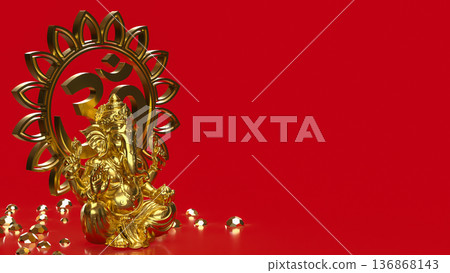 Golden Ganesha with Om Symbol on Red 3d render. 136868143