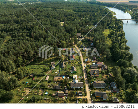 Aerial View of Rural Village, Pine Forests, and River in Belarus Aerial View of Rural Village, Pine Forests, and River in Belarus 136868211