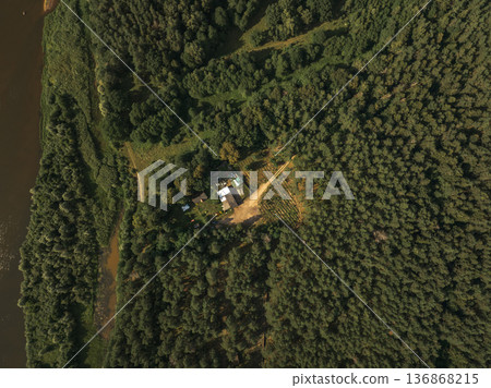 Aerial View of Forest, River, and Rural Settlement in Belarus Aerial View of Forest, River, and Rural Settlement in Belarus 136868215