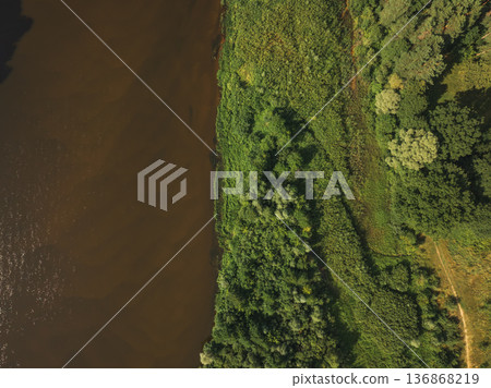 Aerial View of River and Green Riverside Near Berezivka, Belarus Aerial View of River and Green Riverside Near Berezivka, Belarus 136868219