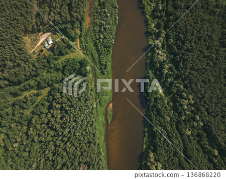Aerial View of River and Forest Near Berezivka in Summer 136868220