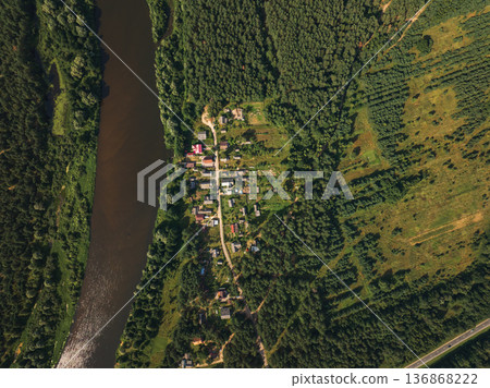 Aerial View of a Village Near a River and Forests in Belarus Aerial View of a Village Near a River and Forests in Belarus 136868222