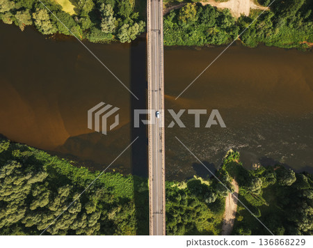 Aerial View of Bridge Over River Near Minsk, Belarus in Summer 136868229