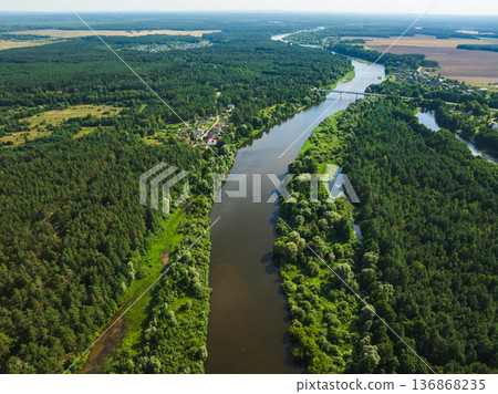Aerial View of River, Forest, and Bridge Near Minsk in Summer 136868235