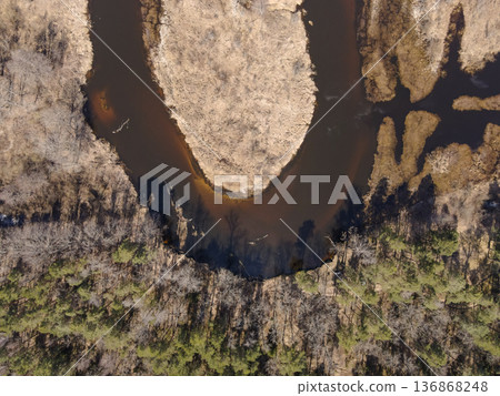Aerial View of Meandering River and Mixed Forest Near Minsk, Belarus 136868248