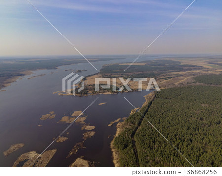 Aerial View of River and Forested Landscape Near Minsk, Belarus 136868256