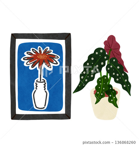 非洲菊藝術海報與盆栽斑點秋海棠水彩手繪插圖 非洲菊藝術海報與盆栽斑點秋海棠水彩手繪插圖 136868260