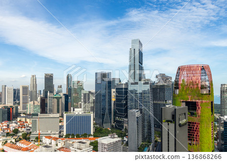 Modern business district skyline with steel and glass skyscrapers rising above the dense metropolitan landscape, Singapore Modern business district skyline with steel and glass skyscrapers rising above the dense metropolitan landscape, Singapore 136868266