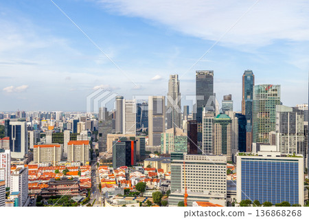 Modern business district skyline with steel and glass skyscrapers rising above the dense metropolitan landscape, Singapore Modern business district skyline with steel and glass skyscrapers rising above the dense metropolitan landscape, Singapore 136868268