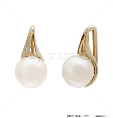 Gold pearl drop earrings with leverback clasps isolated on white Gold pearl drop earrings with leverback clasps isolated on white 136868420