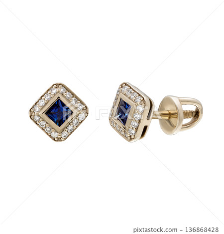 Yellow gold sapphire diamond halo stud earrings isolated on white background Yellow gold sapphire diamond halo stud earrings isolated on white background 136868428