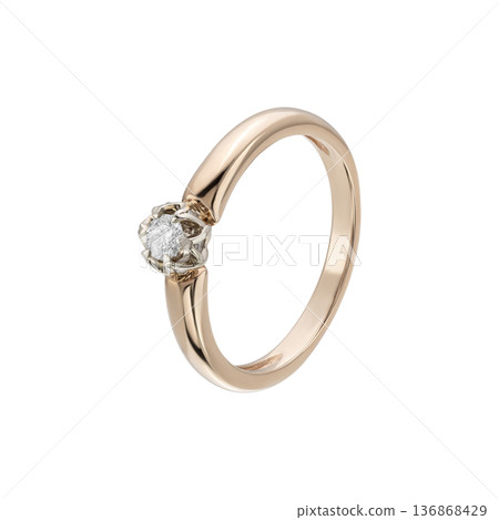 Classic rose gold diamond solitaire ring with floral prong setting, isolated on white Classic rose gold diamond solitaire ring with floral prong setting, isolated on white 136868429